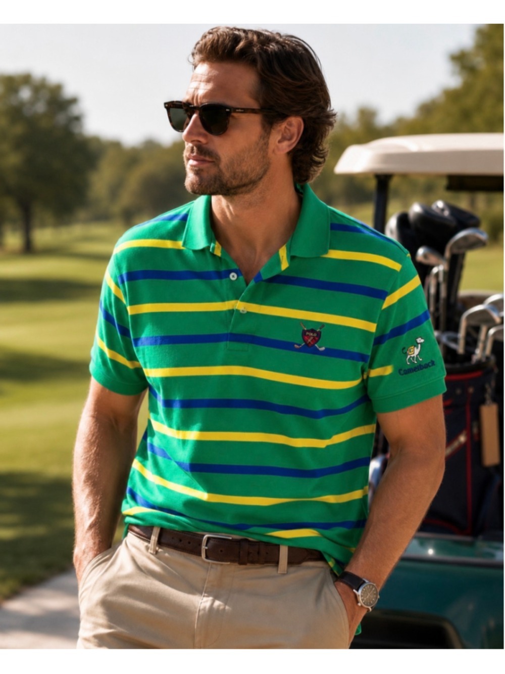 Vintage Polo Ralph Lauren Golf Crest Camelback Striped Polo Shirt USA Made Green